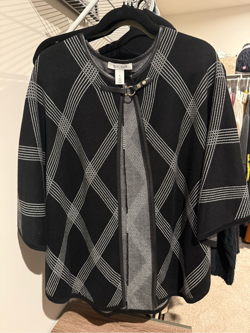 White House Black Market Black & White Plaid Open-Front Poncho